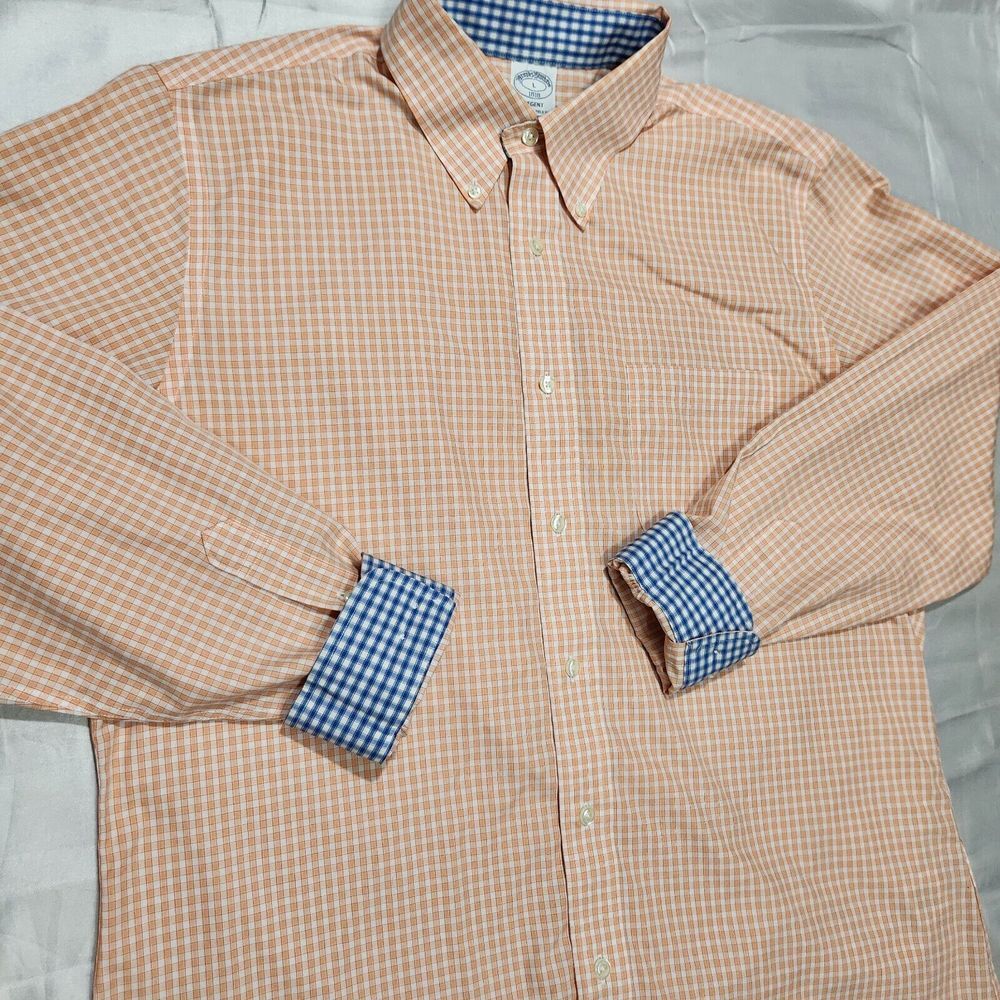 Brooks Brothers‎ Shirt Men L Gingham Check Flip Cuff Button Buisness Regent Fit